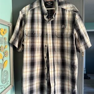 Harley-Davidson Men's Plaid Shirt - Black and Cream